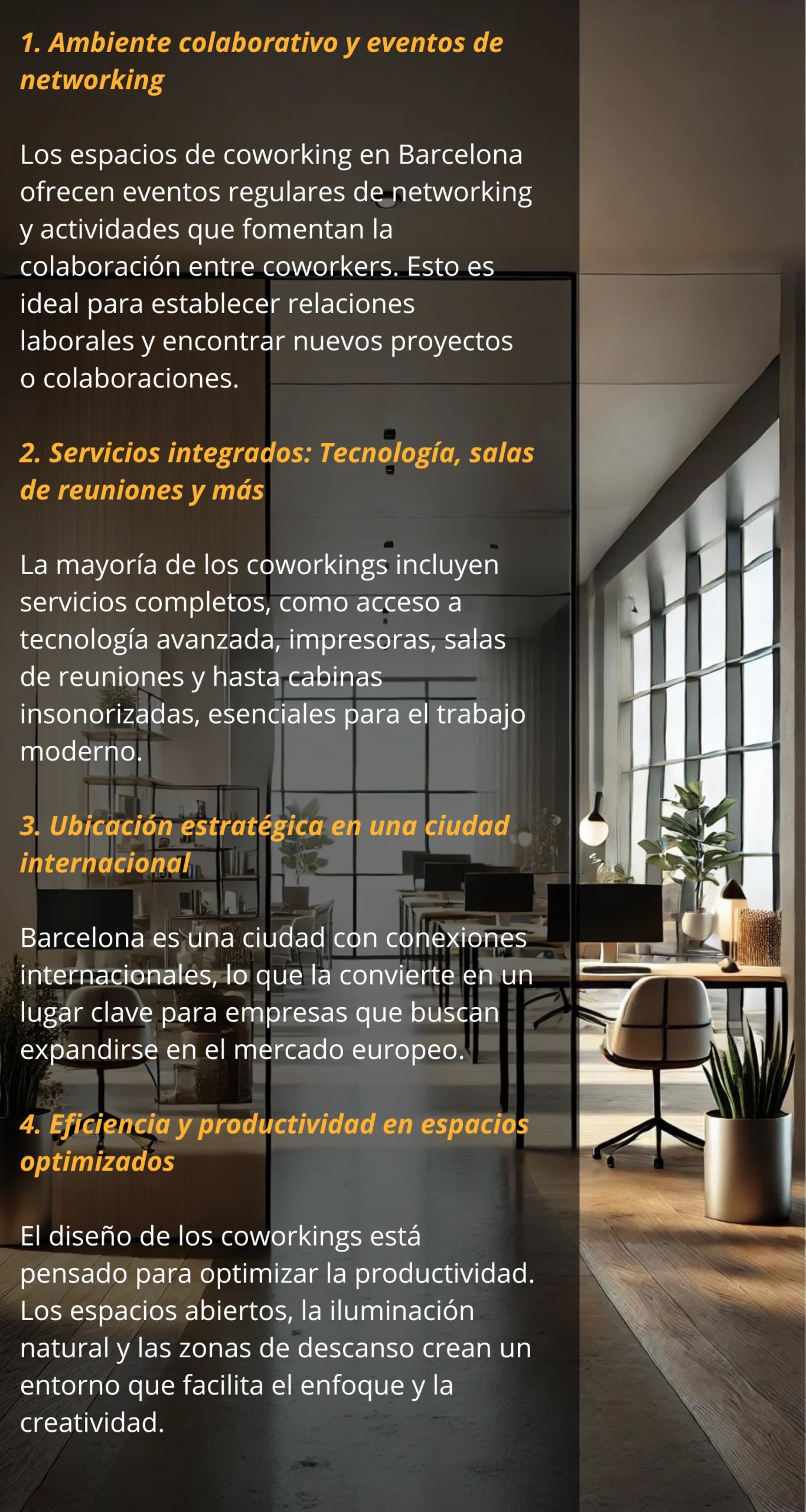 Ventajas de alquilar oficinas coworking en Barcelona para startups.
Beneficios del alquiler de oficinas coworking en Barcelona para freelancers.
¿Por qué elegir coworking en Barcelona? Descubre sus ventajas.